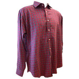 Thomas Dean Men's Sz XL Shirt flip/contrast Cuff Plaid Red Navy Long Sleeve